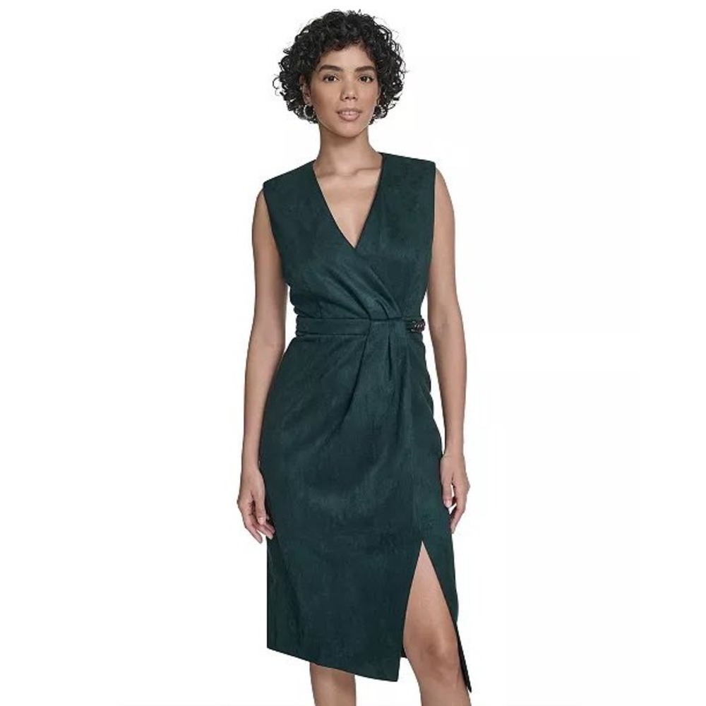 Calvin Klein Womens Faux Suede Chain Detail V-Neck Sheath Dress Forest Green 8